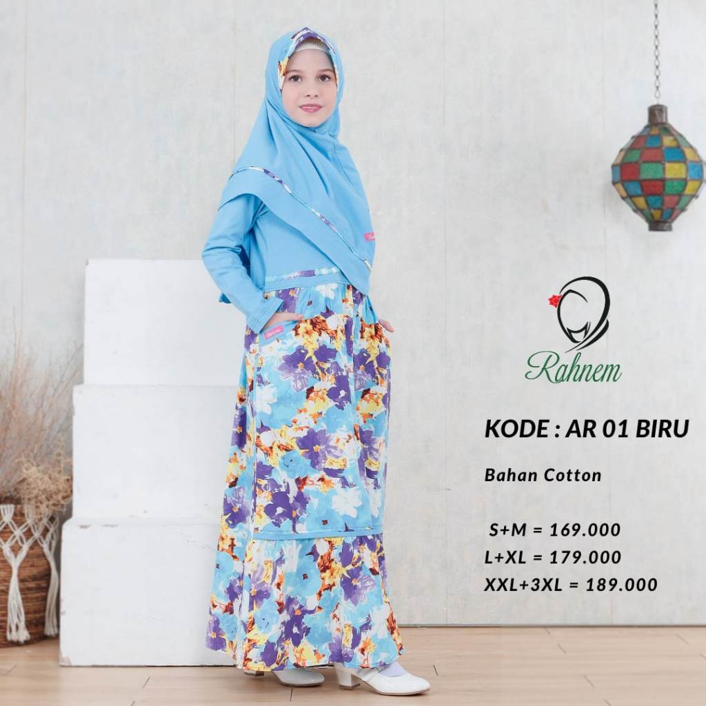 READY SIAP KIRIM | HB - AR 01 BIRU BY RAHNEM 2021 ORIGINAL | SET GAMIS ANAK MOTIF BUNGA WARNA BIRU B