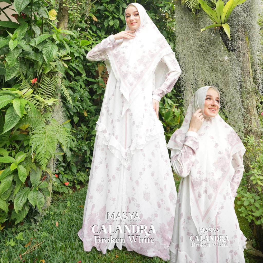Set Gamis Dress Ceruty Babydoll Printing Premium Syari Warna Putih Broken White Mewah Masya Syari Or