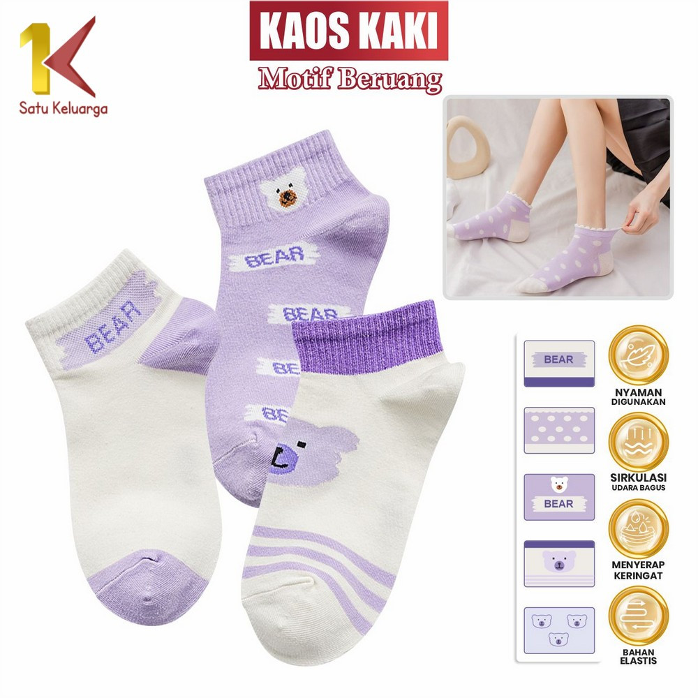 Satu Keluarga Kaos Kaki Ankle Wanita Motif Beruang Ungu P599 Kaos Kaki Korea Semata Kaki Purple Bear
