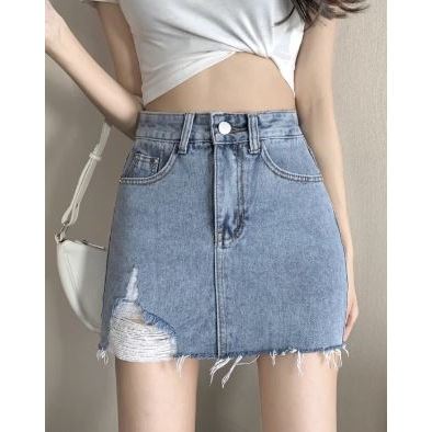 Rok jeans pendek sobek rok korean