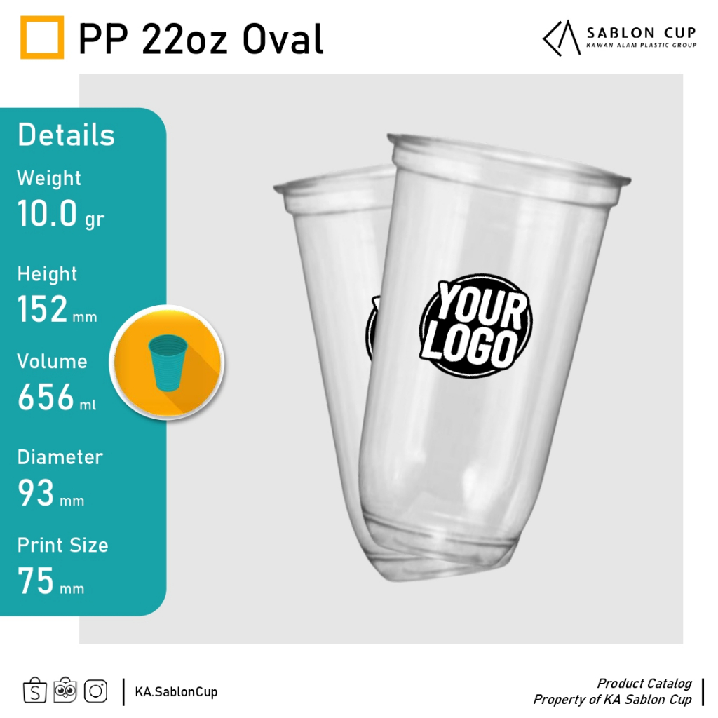 Sablon Custom Cup / Gelas PP  22oz Oval