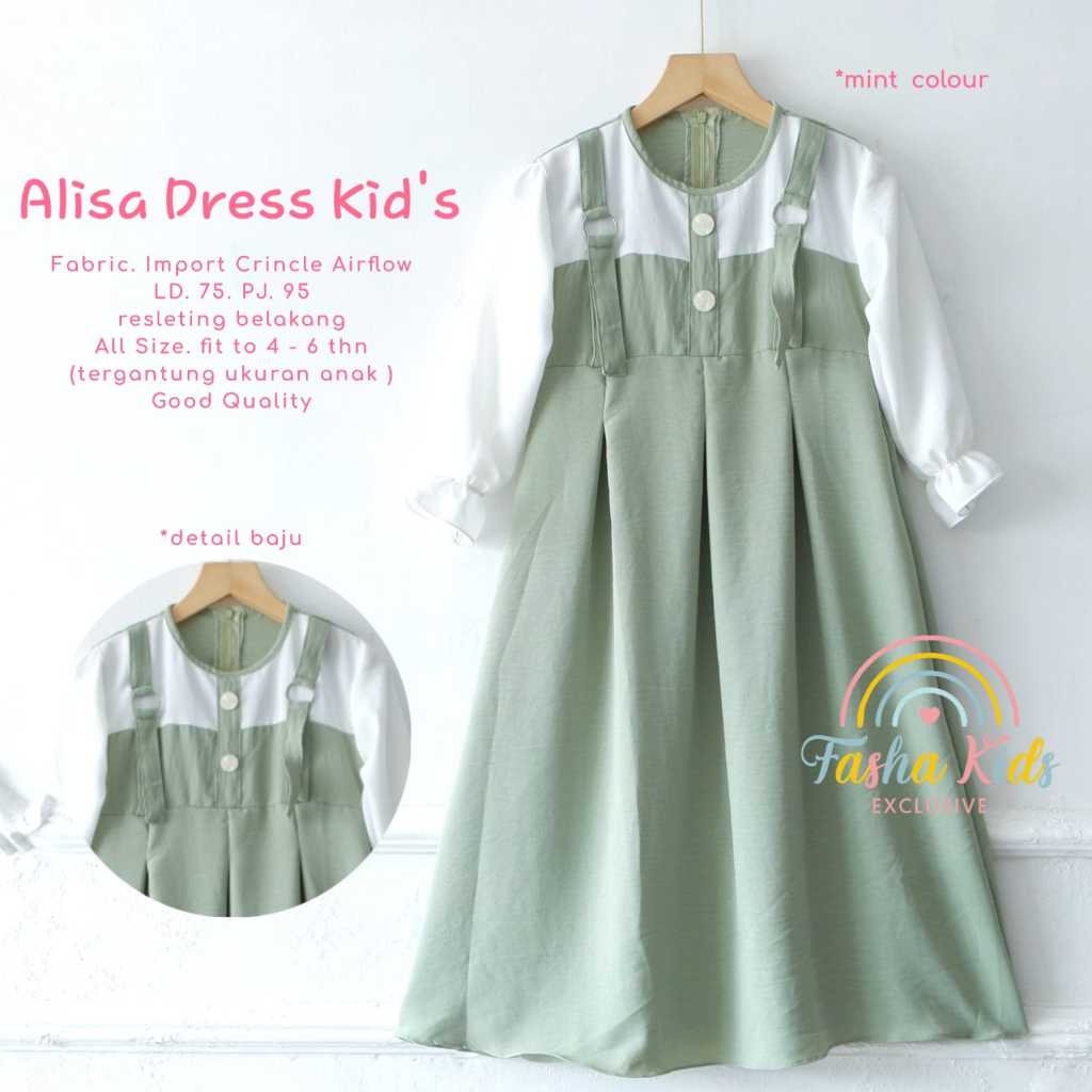 ALISA DRESS KIDS GAMIS ANAK BAHAN CRINKLE AIRFLOW PREMIUM DRESS ANAK POLOS USIA 4-6 TAHUN BAJU MUSLI
