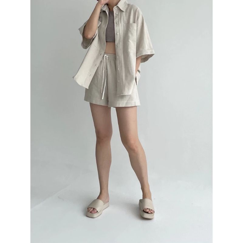 Ginna premium linen one set celana pendek, kemeja lengan pendek linen - setelan wanita