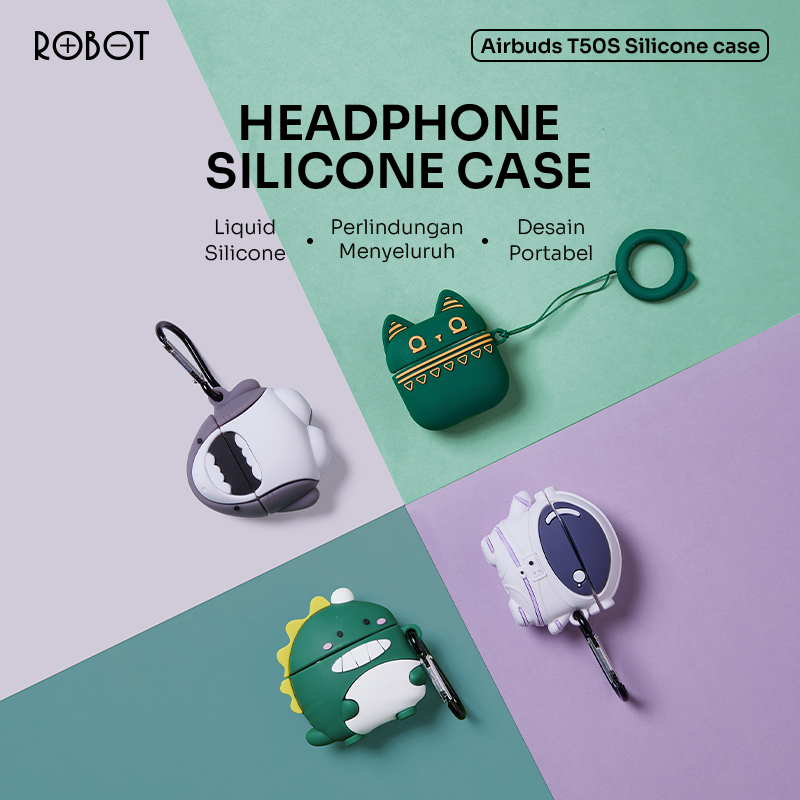 ROBOT Airbuds T50S Liquid Silicone Soft Case 3D Design Motif Shark Dinosaur Cat Spaceman Kartun Lucu