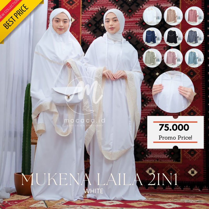 mukena dewasa 2in1 laila katun mikro renda aesthetic free tas cantik polos putih hitam biru wardah p