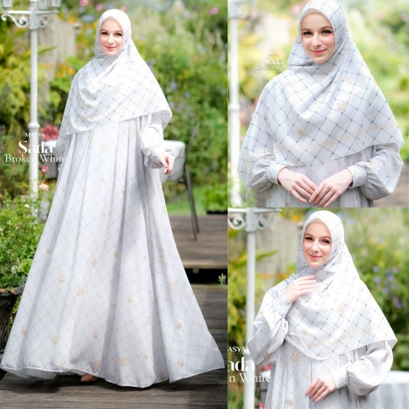 Set Gamis Dress Ceruty Babydoll Printing Premium Syari Warna Putih Broken White Mewah Masya Syari Or