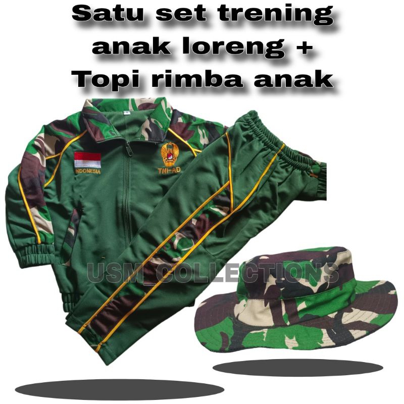 trening anak loreng malvinas + topi loreng anak - satu set trening anak dan topi anak loreng