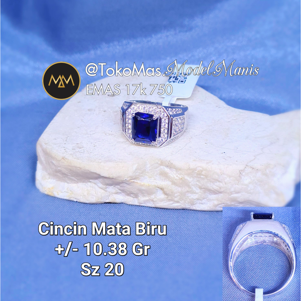 Cincin Pria Batu Biru Royal Blue Navy Emas Putih 750 kadar 17k