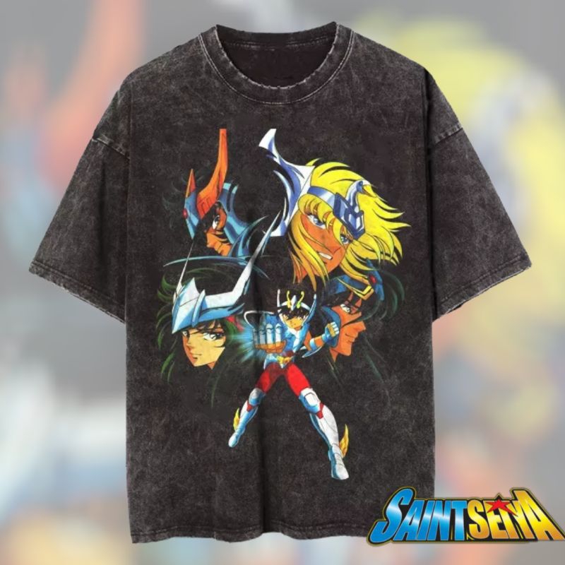 Saint Seiya Anime Vintage Wash T-shirt/Kaos Anime Saint Seiya Vintage Style Unisex Oversize
