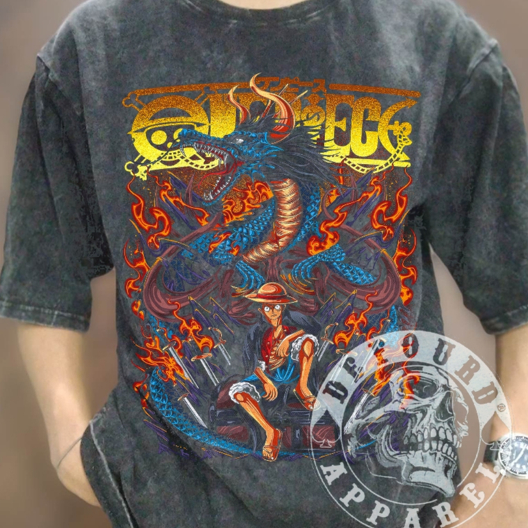 Kaos Anime MONKEY D. LUFFY ONE PIECE, MONKEY D. LUFFY ONE PIECE DRAGON Anime Vintage Wash, Kaos Anim