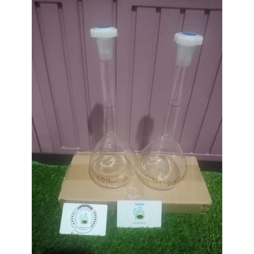 Labu ukur, volumetric flask, Labu tentukur. merk pyrex ukuran 500 ml