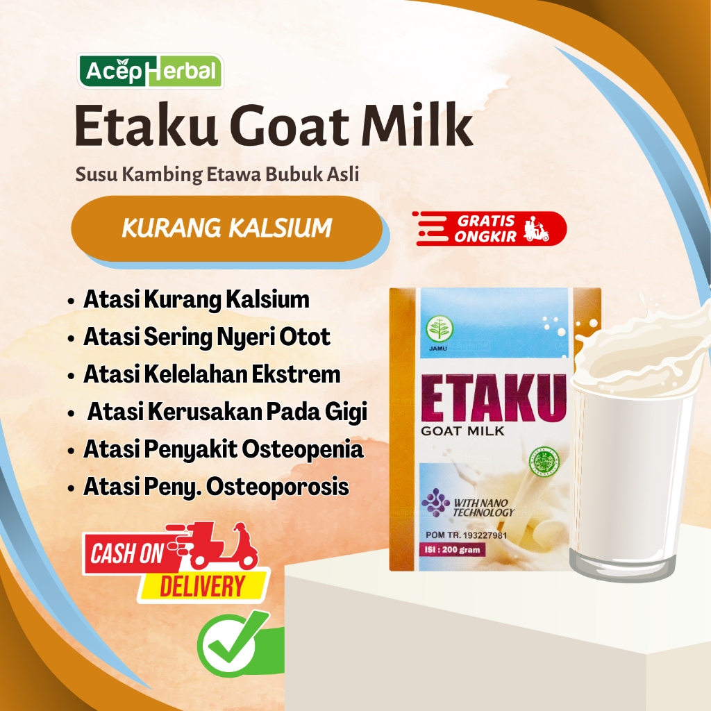 

Solusi Kurang Kalsium, Kekurangan Kalsium, Sering Nyeri Otot, Kelelahan Ekstrem, Kerusakan Pada Gigi, Penyakit Osteopenia, Penyakit Osteoporosis Dengan Susu Etaku Original 200gr