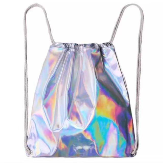 Tas Serut Wanita Hologram Model Polos Silver Hitam / Stirng Bag Anti Air Cewe