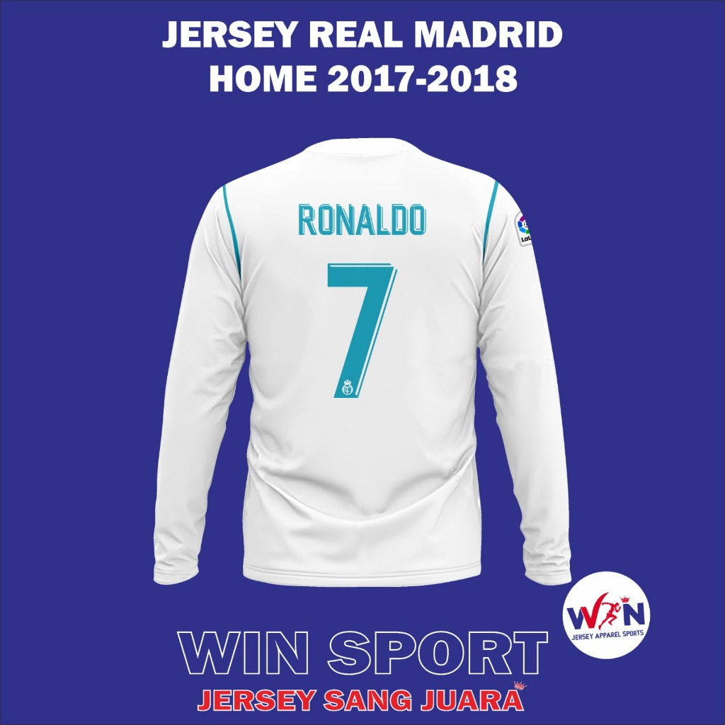 Stelan Sepak Bola Jersey REAL MADRID HOME 2017-2018 Lengan Panjang Ronaldo Liga Champions UEFA, Jersey Bola Desain Full Printing, Free Custom Nama dan Nomor Punggung, Tersedia Ukuran Dewasa dan Anak