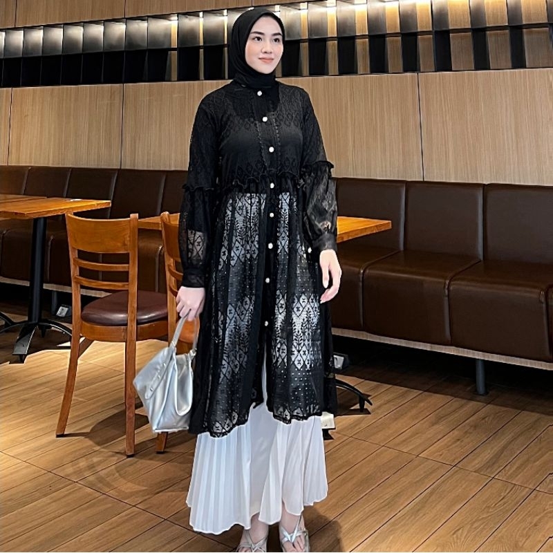 Black Outer Brukat Cardigan Brokat Lengan Panjang atasan outher brukat Outer Brokat outer Tulle oute