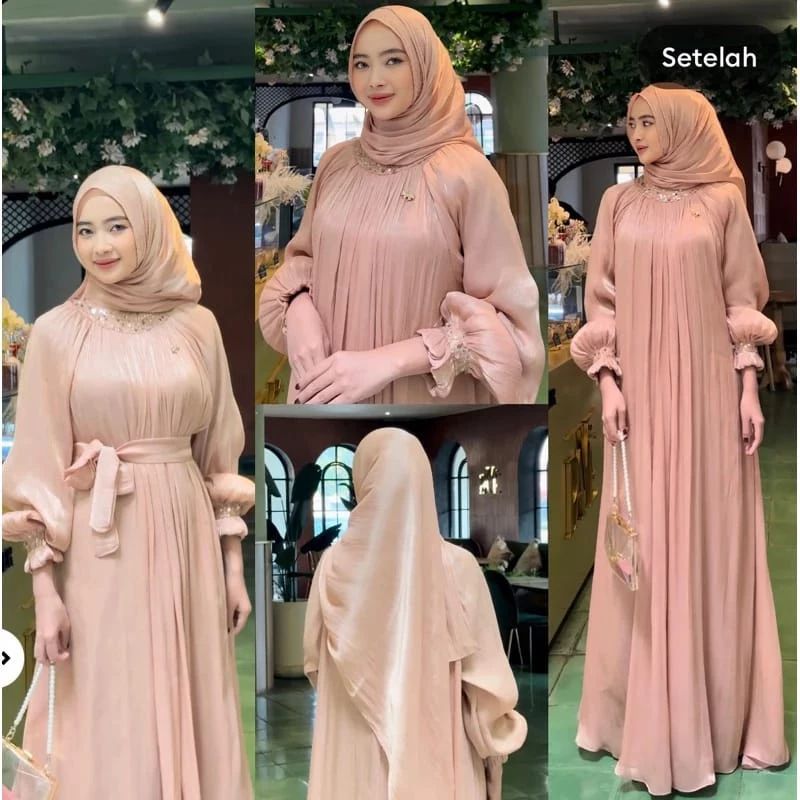 Shimmer Maddina Dress Gamis Muslim Wanita Bahan Shimmer Aplikasi Tyle Payet Fashion Muslim Kekinian GOM