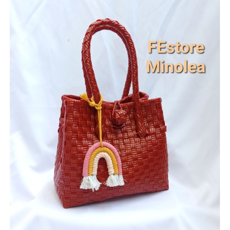 TAS ANYAMAN JALI MODEL HANDBAG MINI XS WARNA MERAH BATA SPESIAL HANDMADE
