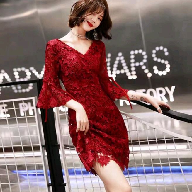 0959 Baju minidress CNY THING LACE BROKAT VNECK MINI DRESS lengan trompet lonceng merah polos Imlek 