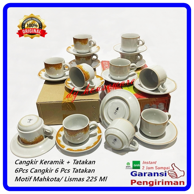 Cangkir Keramik Tatak Set Motif MAHKOTA/ LISMAS  225 ml Gelas Kopi Teh 6 Pasang