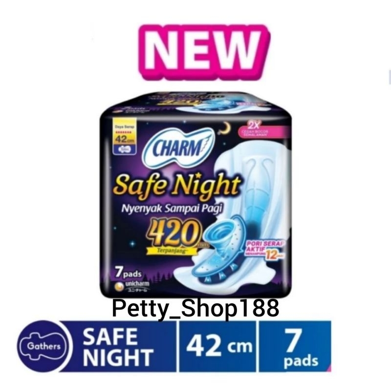 100% Asli, CHARM Pembalut Safe Night 42cm terpanjang, Pelindung Samping 7 pads