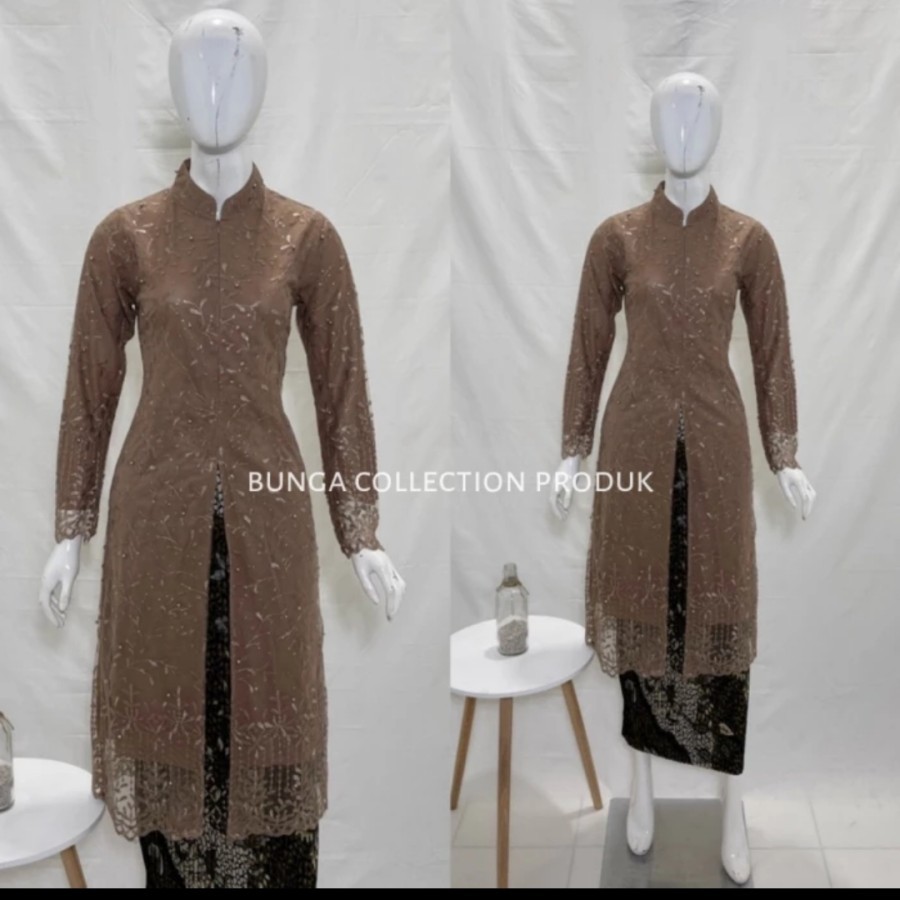 Setelan Kebaya Tunik Brokat / Kebaya tunik tille / kebaya kancing - mocca