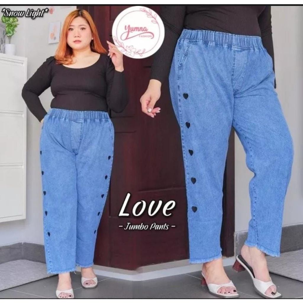 TERLARIS-CELANA BAGGY JEANS BORDIR LOVE/CELANA JEANS WANITA KOREA/BAGGY JEANS JUMBO BORDIR LOVE XL X