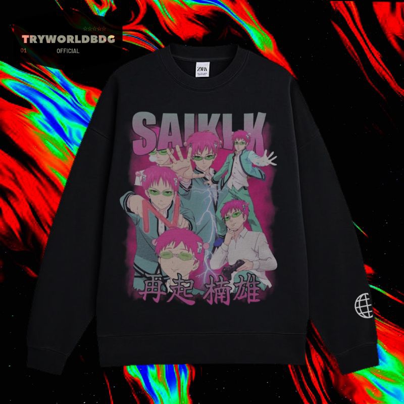 TRYWORLDBDG OFFICIAL "SAIKI K" CREWNECK | SWEATER | HOODIE | CREWNECK HITAM | CREWNECK EDISI ANIME |