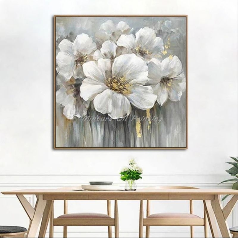 Lukisan Tangan Cat Minyak Abstrak Lounge Komplit Dengan Frameless Gold Ornament Bunga Kembang Sepatu