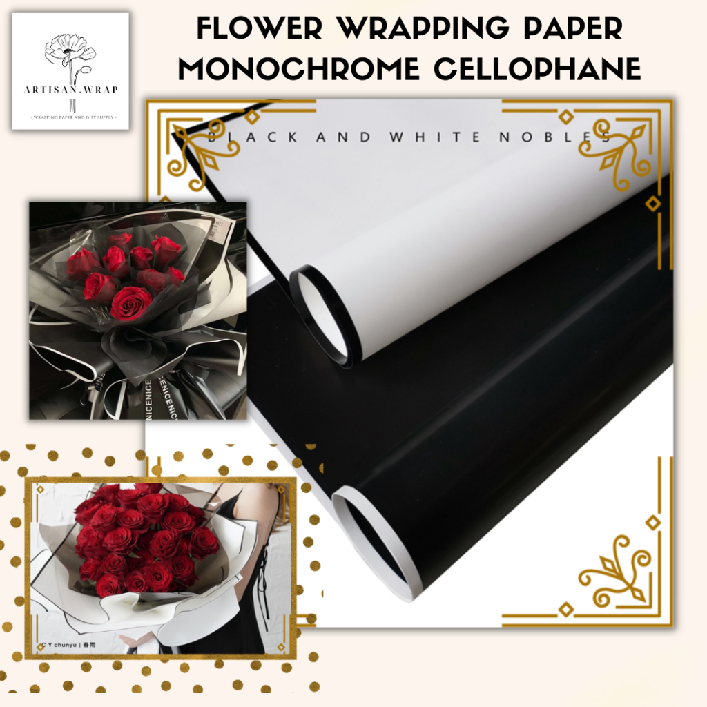 

Kertas Buket Bunga Cellophane - Flower Wrapping Paper- Flower Wrap Paper Black White Monochrome Hitam Putih List Frame - Korean Style Bouquet Bucket Buket Bunga Monokrom Line Pembungkus Bungkus Kado