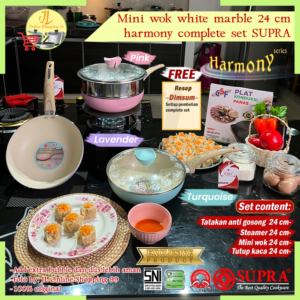 SUPRA set Harmony pan 24cm white marble anti lengket + steamer + tutup kaca / mini wok / stir wok pa