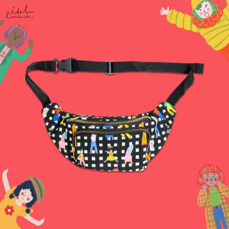 Belt Bag Fancy Faces Black, Pretty Pubi by Ideku Handmade