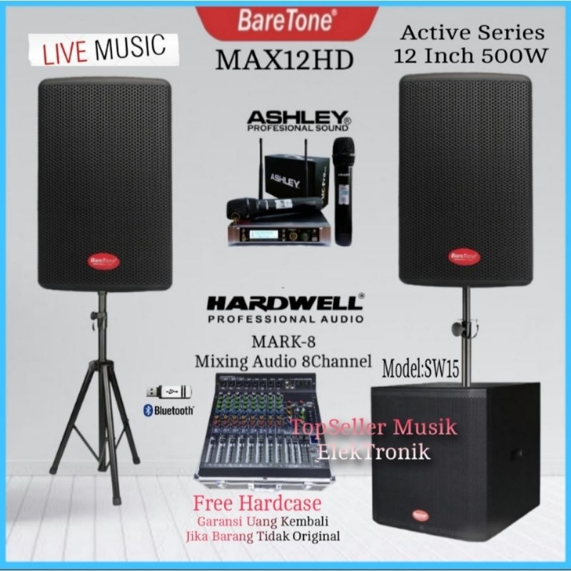 Paket Live Musik Speaker BareTone MAX12HD Subwoofer SW15 Mixer 8Ch Mic 2 Wireless Komplit