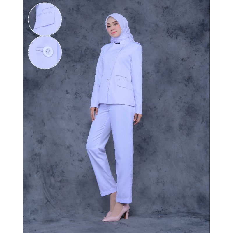 SERAGAM  PERAWAT PUTIH KANTONG DOUBLE SET ROK A PUTIH  / SET CELANA PUTIH/ SET ROK SPAN PUTIH BAHAN  KATUN  FREE. HIJAB