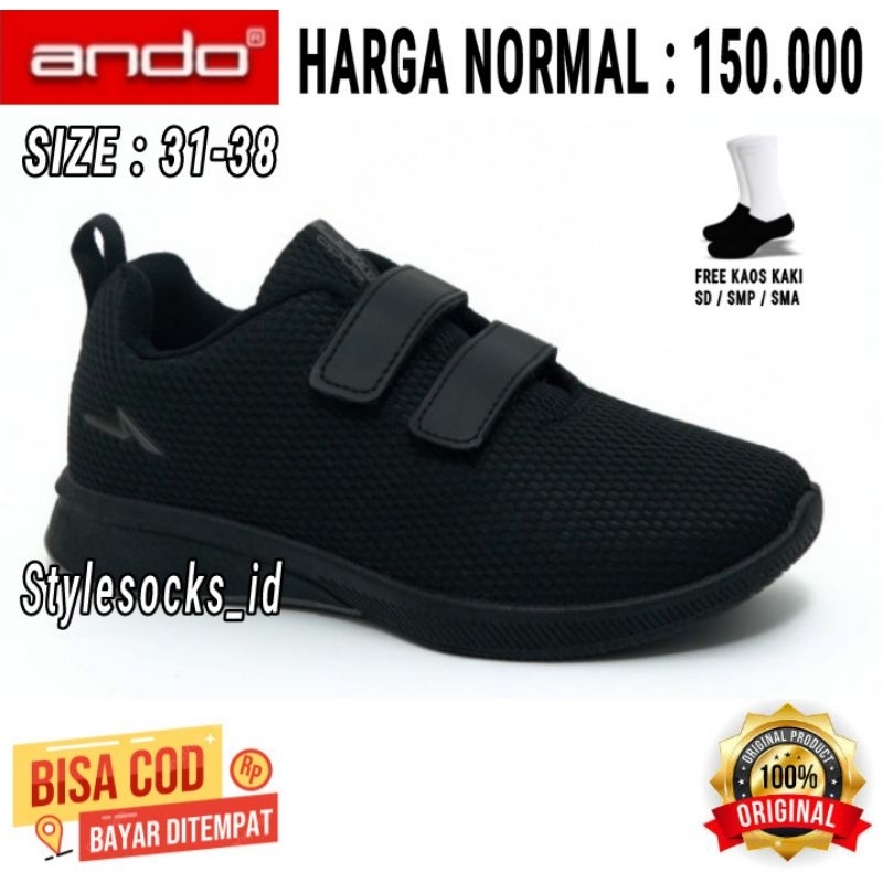SEPATU ANDO ANAK ANAK SEKOLAH HITAM POLOS PREKAT / SEPATU ANDO ORIGINAL VELCRO UNTUK ANAK / SEPATU S