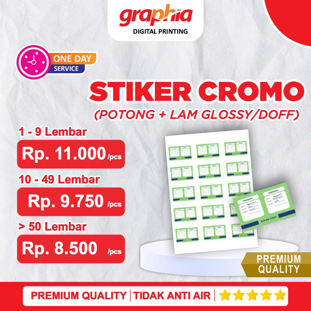 

< PAKET LENGKAP > !! Print Sticker Cromo + POTONG BIASA + Laminasi Glossy / Doff A3+