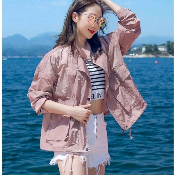 7052 Baju atasan JACKET ELISA BELTED COLLAR JAKET luaran Korea Korean style wanita premium import Bangkok BKK baju outer auter jaket Jacket bomber kerja kantor pesta kondangan santai pantai cewek remaja perempuan korean look orange biru putih kuning taro