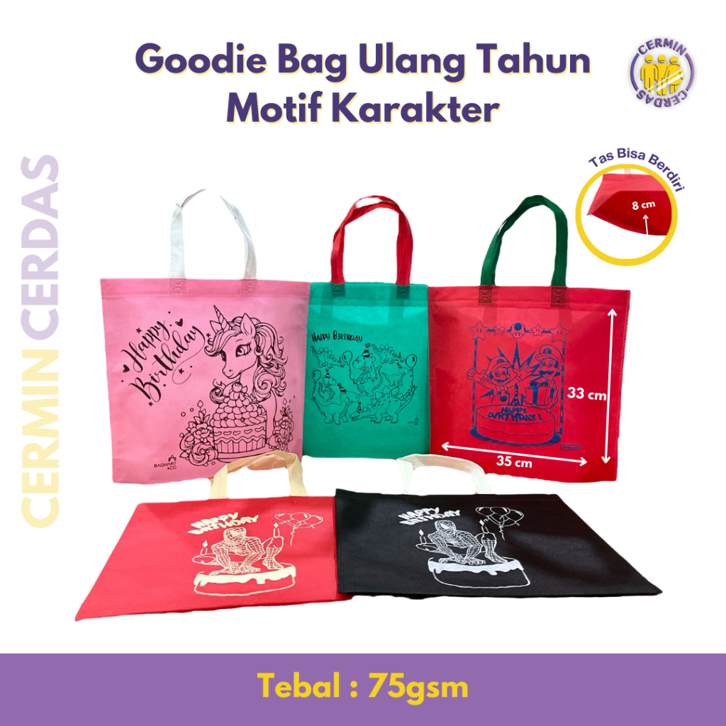 

Goodie Bag Ulang Tahun Tas Kain Spunbond Motif Karakter Untuk Hadiah dan Snack Ultah Suvenir Pesta Acara