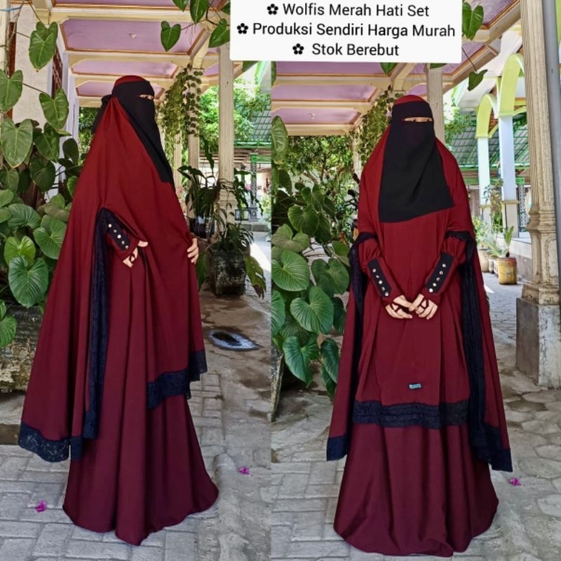 Set Setelan Baju Gamis Wanita Muslimah Khimar Jilbab Super Jumbo lengan Handsplit Renda Maroon mix H