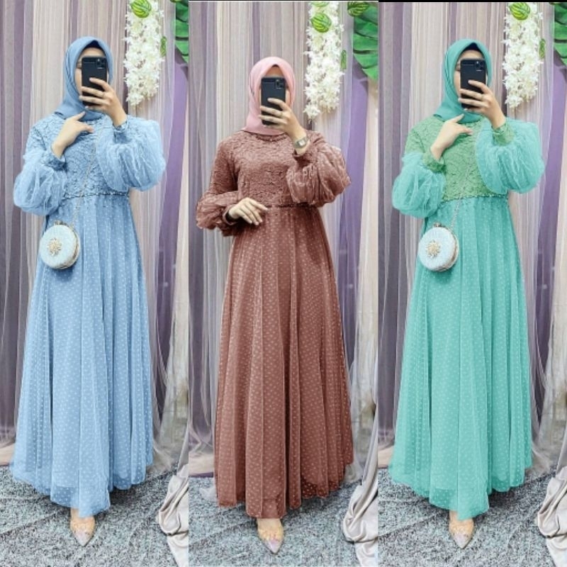 Gamis pesta jumbo brokat tutu busui polkadot hijabers cantik tile NEW
