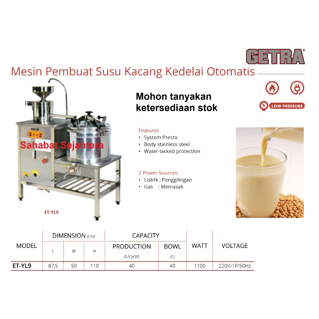 GETRA Pembuat Susu Kacang Kedelai Otomatis ET-YL9 Mesin Pembuat Susu Kedelai