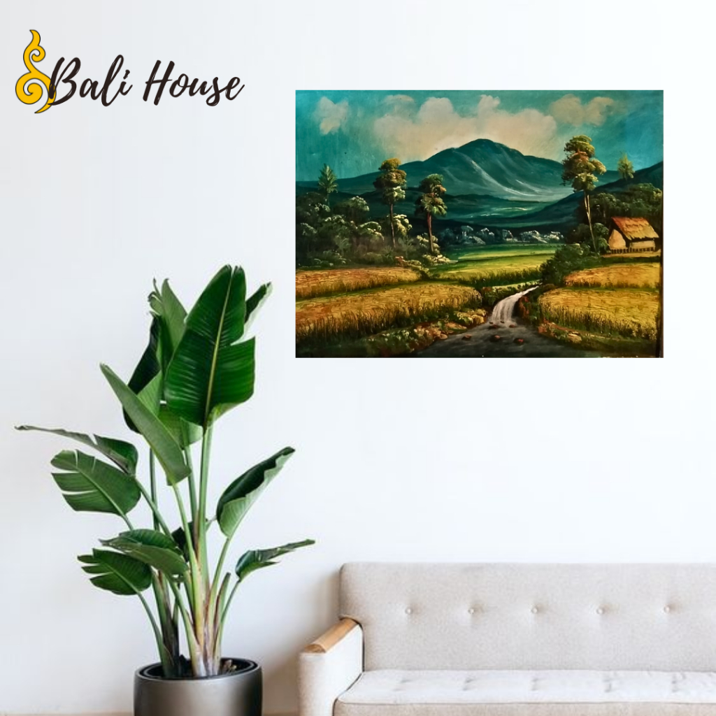 Lukisan pemandangan gunung dan sawah 80x60 cm