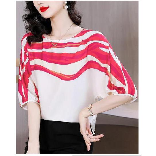 BLOUSE SILK MODEL GARIS MERAH putih/blouse korean/atasan wanita