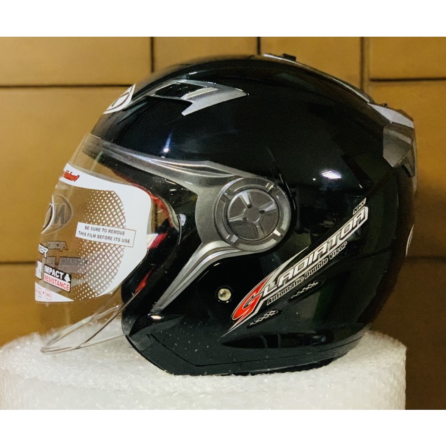 Helm NHK Gladiator Solid Black Glossy Double Visor Half Face