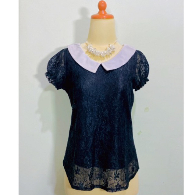 Atasan blouse blus vintage lengan balon kerah sailor peterpan collar ada pita belakang bahan brokat 