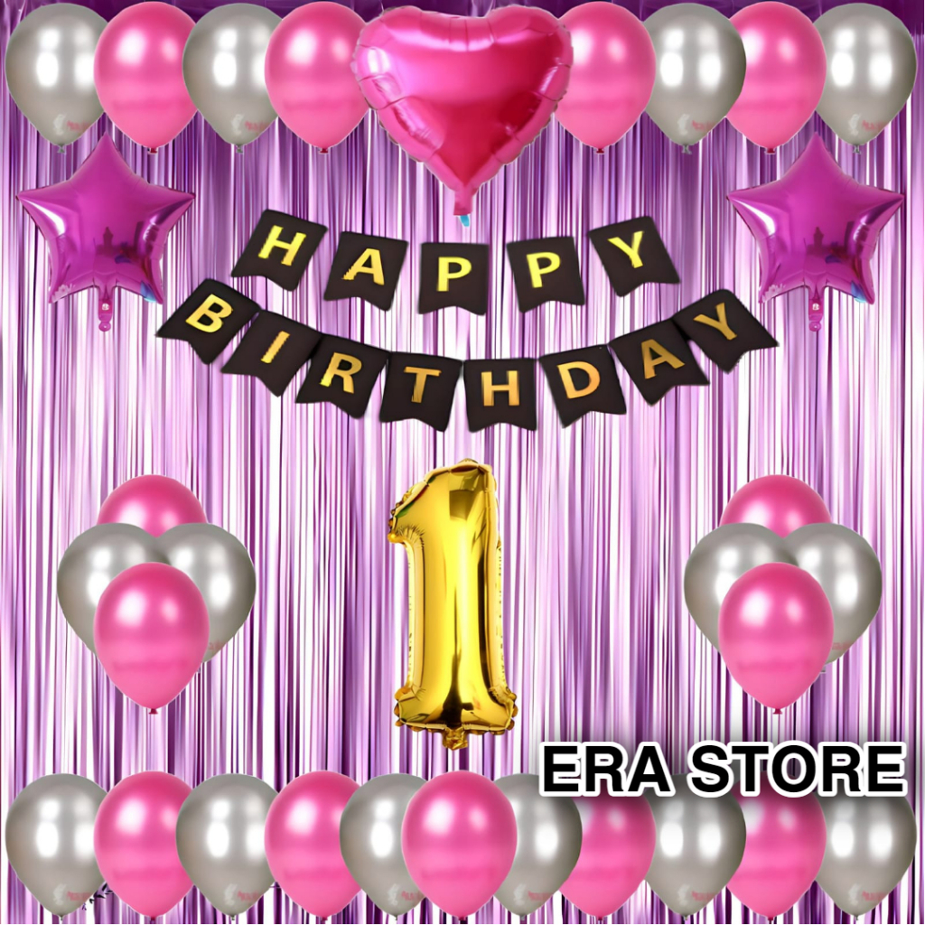 Set Dekorasi Pesta Ulang Tahun Balon Silver Pink Dekor Ultah Banner Happy Birthday Hitam Biru