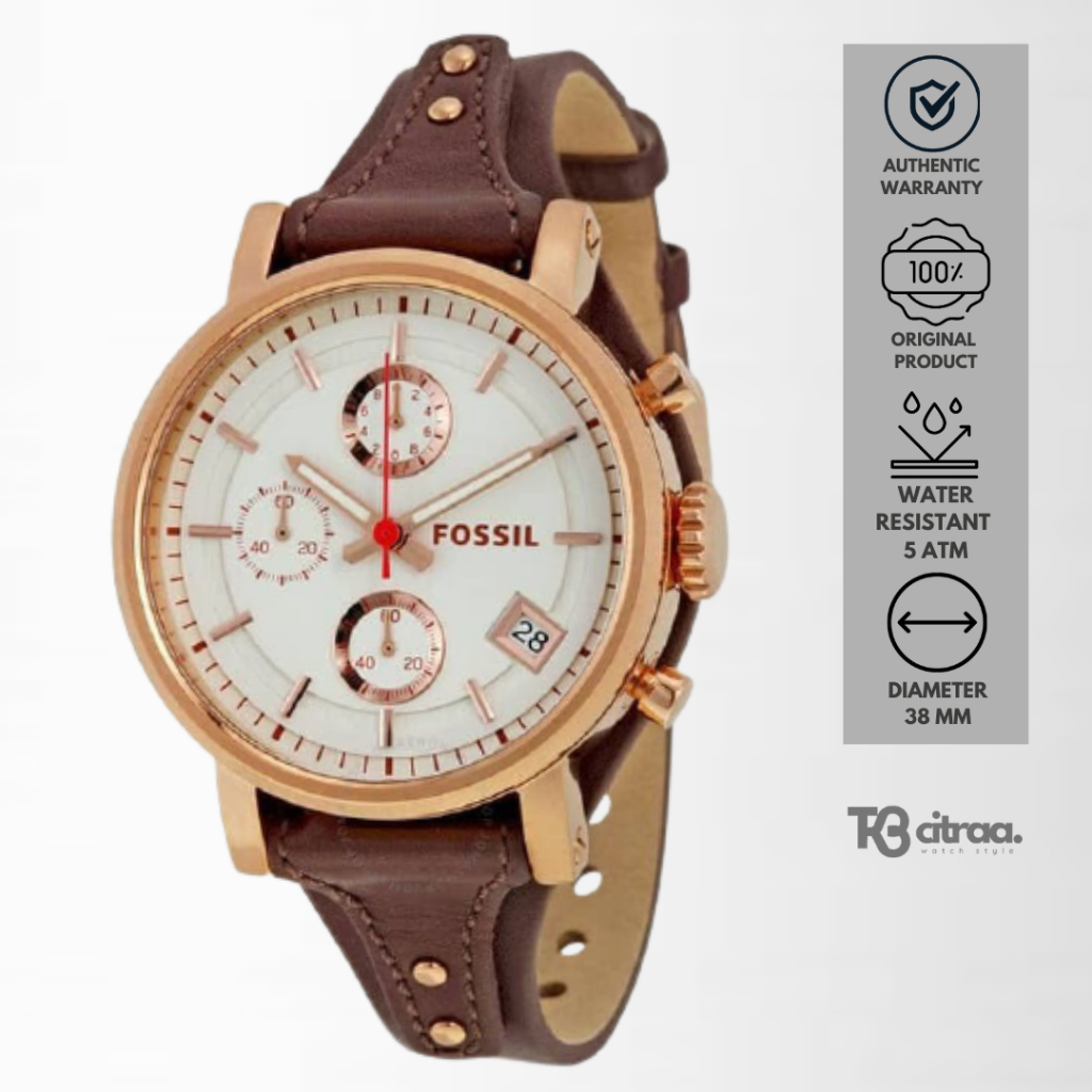 jam tangan fashion wanita Fossil Boyfriend analog strap kulit cewek Chronograph Raisin Leather water resistant luxury watch mewah casual elegant Original ES3616