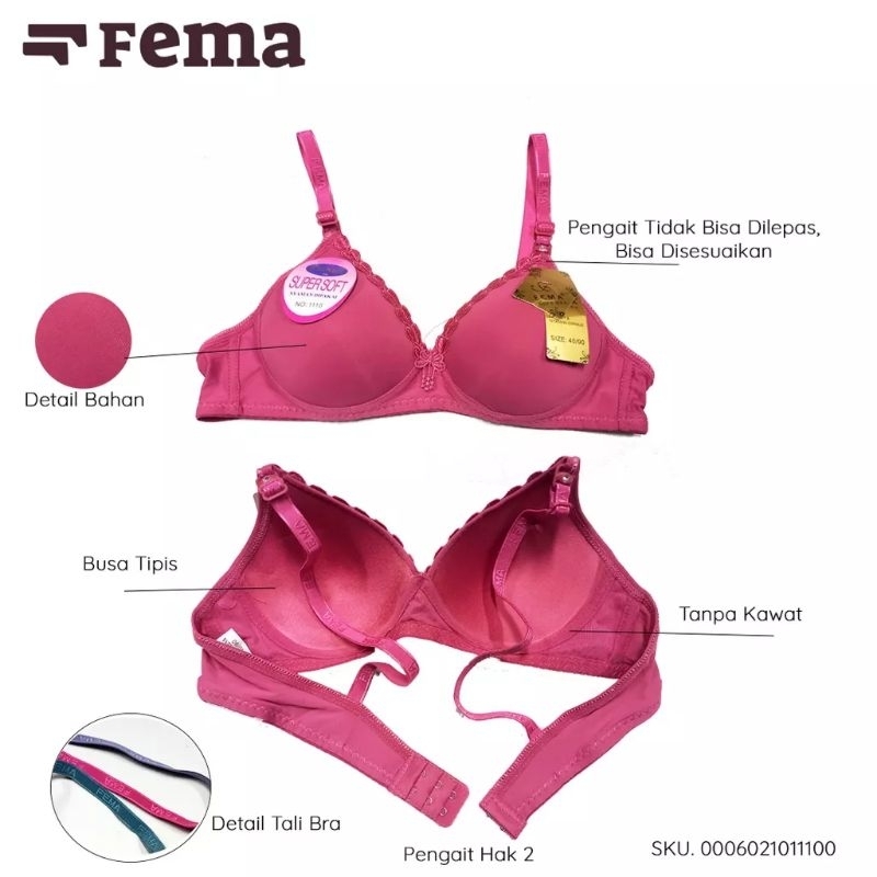 2Pcs Fema Bra Busa Renda Atas Tanpa Kawat 1110/Bh Bra Busa Fema kait 2