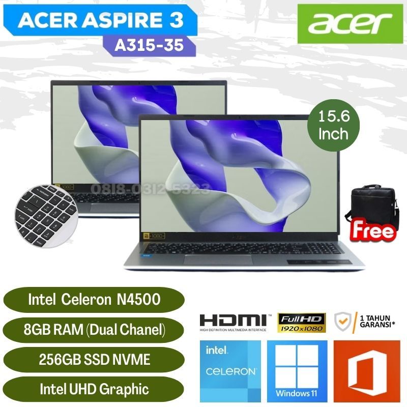 ACER Aspire 3 Slim A315-35-C8LH - Intel N4500 RAM 8GB 256GB SSD Intel UHD 15.6" FHD Windows 11