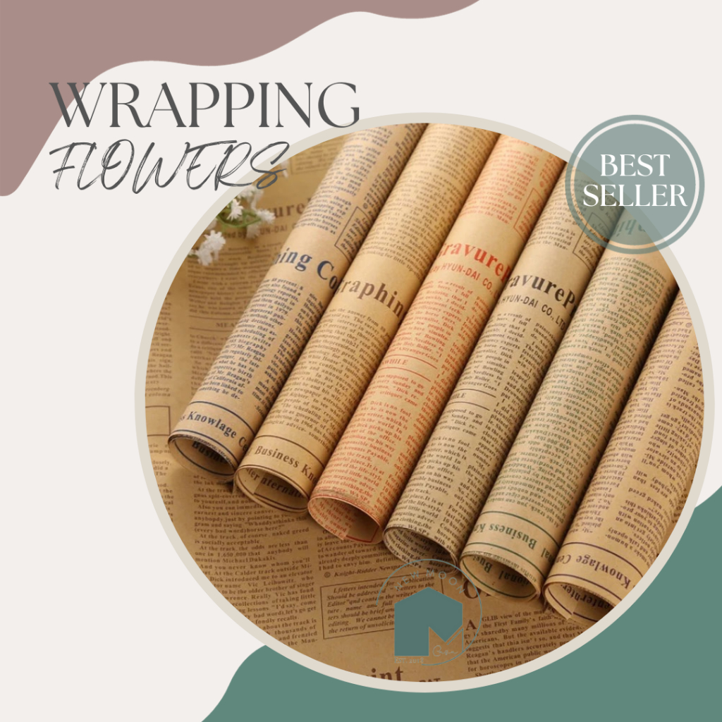 

Kertas kado kraft vintage koran newspaper motif korea magazine flower wrapping alas properti background foto dekorasi craft