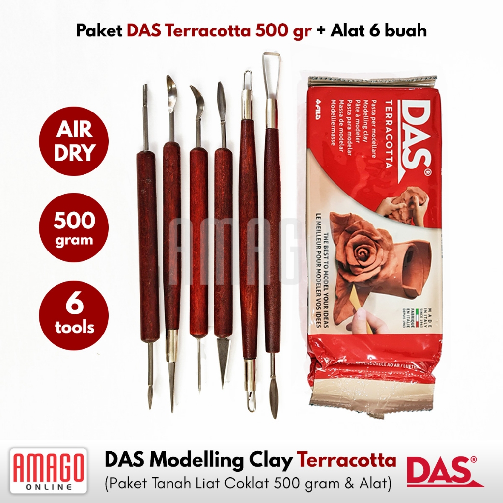 PAKET Clay DAS Modelling Clay 500 gr Terracotta Coklat + Alat Ukir Gagang Kayu isi 6
